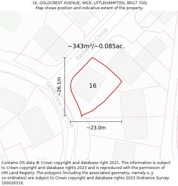 16, GOLDCREST AVENUE, WICK, LITTLEHAMPTON, BN17 7GQ: Plot and title map