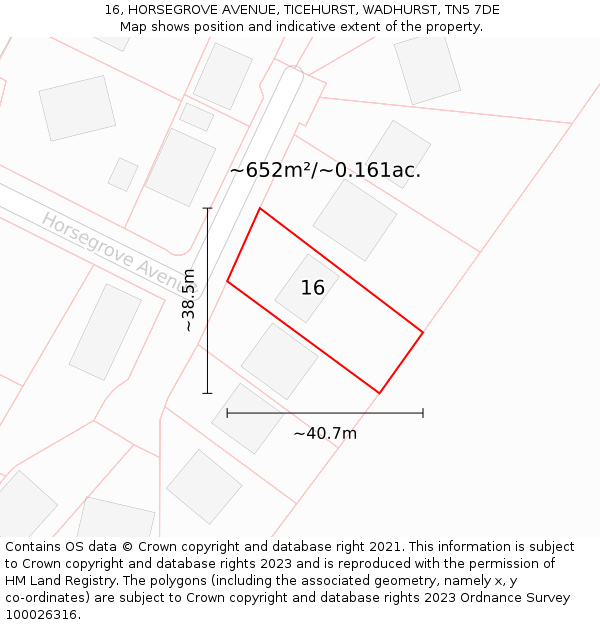 16, HORSEGROVE AVENUE, TICEHURST, WADHURST, TN5 7DE: Plot and title map