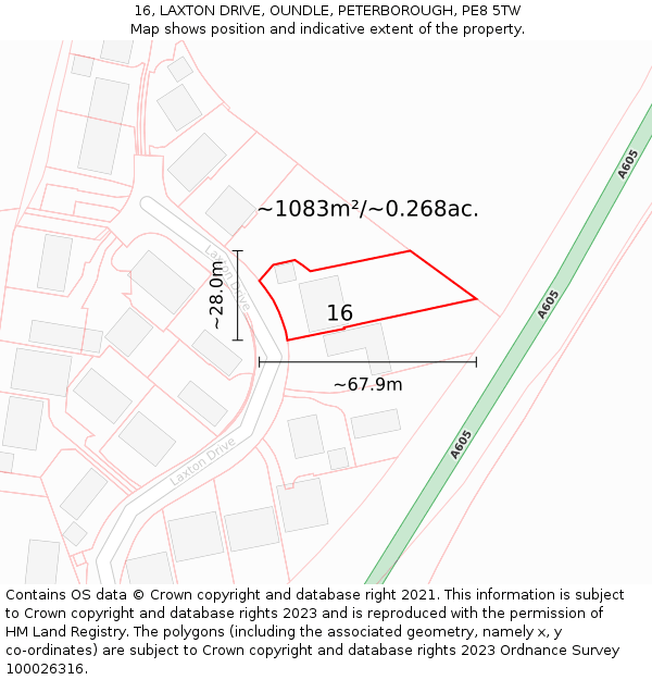 16, LAXTON DRIVE, OUNDLE, PETERBOROUGH, PE8 5TW: Plot and title map