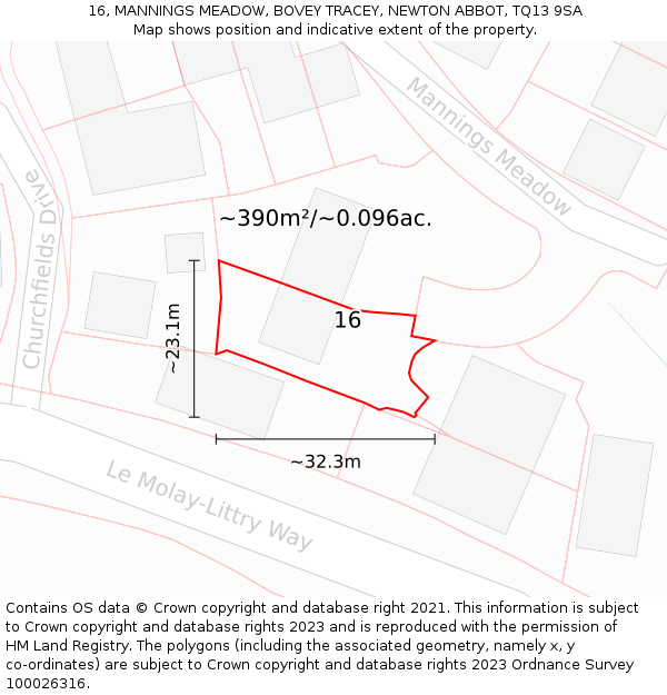 16, MANNINGS MEADOW, BOVEY TRACEY, NEWTON ABBOT, TQ13 9SA: Plot and title map