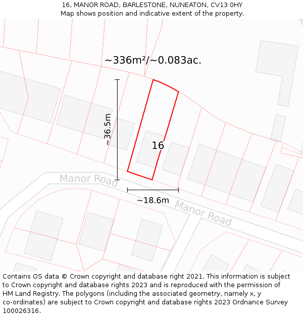 16, MANOR ROAD, BARLESTONE, NUNEATON, CV13 0HY: Plot and title map