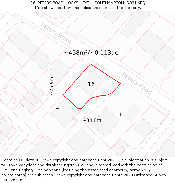 16, PETERS ROAD, LOCKS HEATH, SOUTHAMPTON, SO31 6EQ: Plot and title map