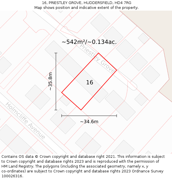 16, PRIESTLEY GROVE, HUDDERSFIELD, HD4 7RG: Plot and title map