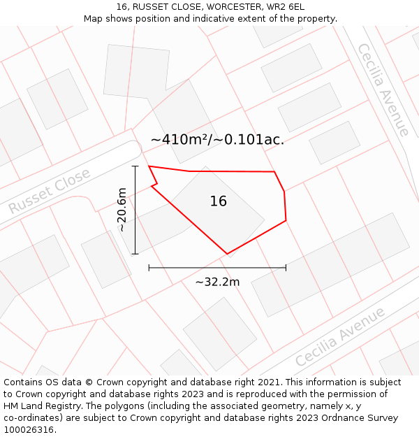 16, RUSSET CLOSE, WORCESTER, WR2 6EL: Plot and title map