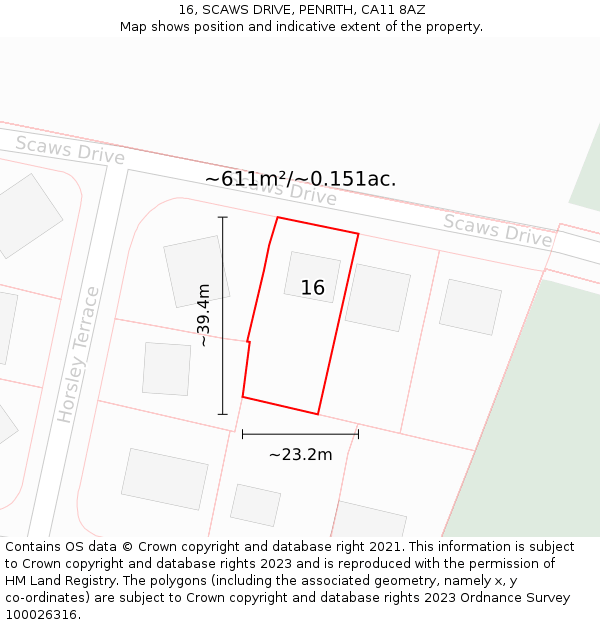 16, SCAWS DRIVE, PENRITH, CA11 8AZ: Plot and title map