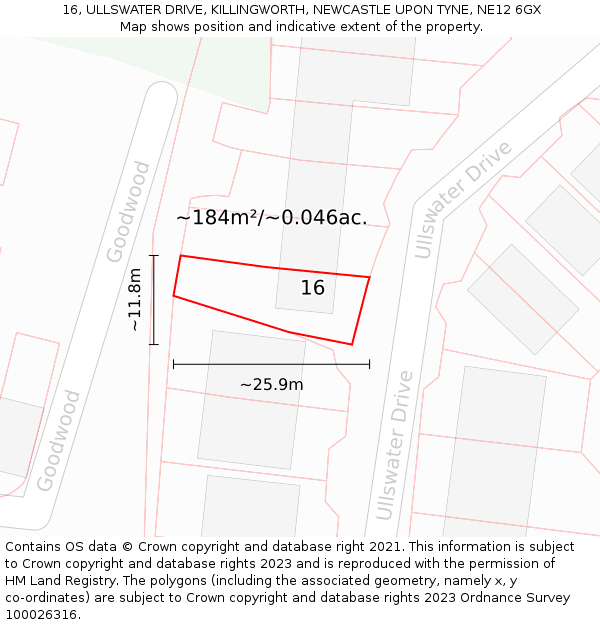 16, ULLSWATER DRIVE, KILLINGWORTH, NEWCASTLE UPON TYNE, NE12 6GX: Plot and title map