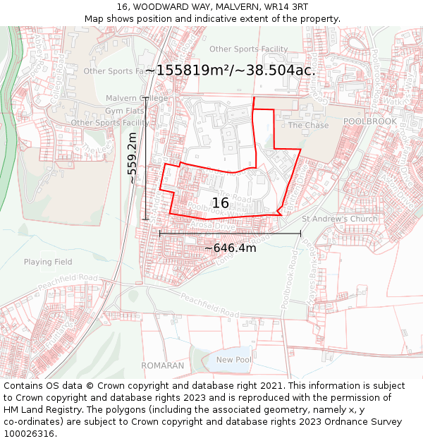 16, WOODWARD WAY, MALVERN, WR14 3RT: Plot and title map