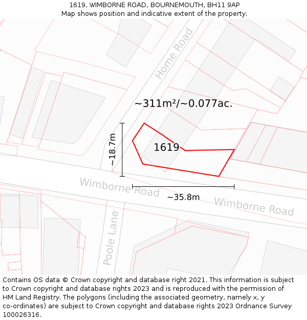 1619, WIMBORNE ROAD, BOURNEMOUTH, BH11 9AP: Plot and title map