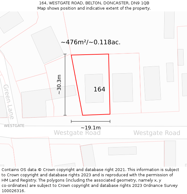 164, WESTGATE ROAD, BELTON, DONCASTER, DN9 1QB: Plot and title map