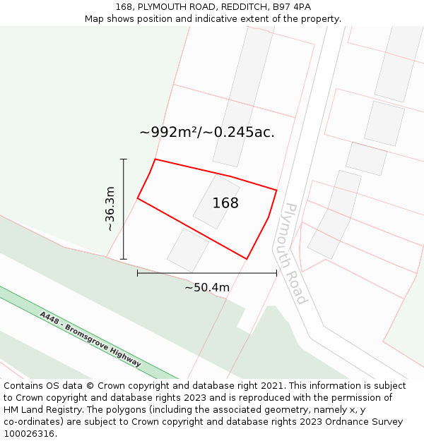 168, PLYMOUTH ROAD, REDDITCH, B97 4PA: Plot and title map