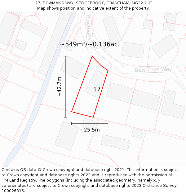 17, BOWMANS WAY, SEDGEBROOK, GRANTHAM, NG32 2HF: Plot and title map