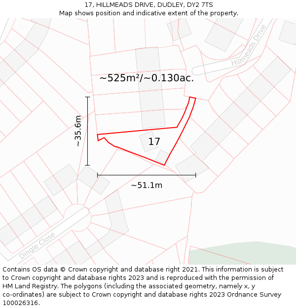 17, HILLMEADS DRIVE, DUDLEY, DY2 7TS: Plot and title map