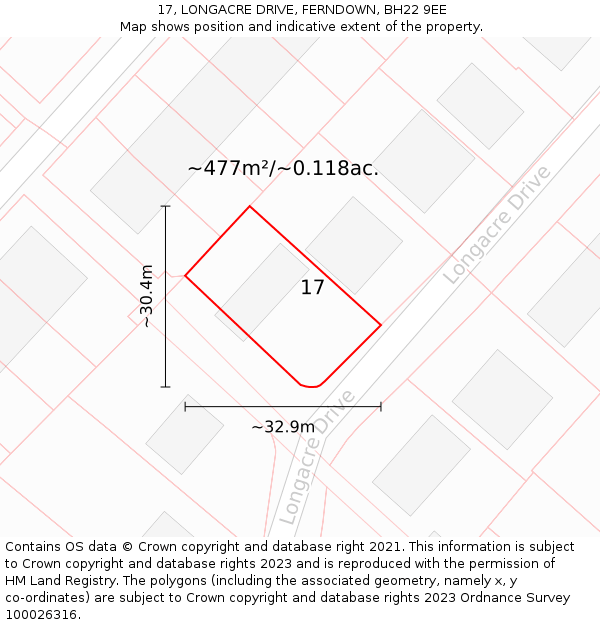 17, LONGACRE DRIVE, FERNDOWN, BH22 9EE: Plot and title map