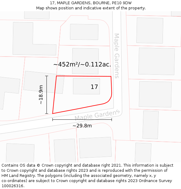 17, MAPLE GARDENS, BOURNE, PE10 9DW: Plot and title map