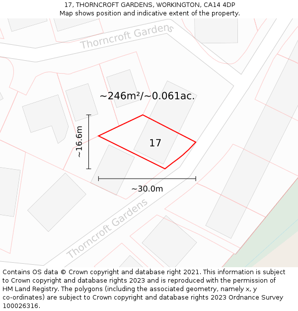 17, THORNCROFT GARDENS, WORKINGTON, CA14 4DP: Plot and title map