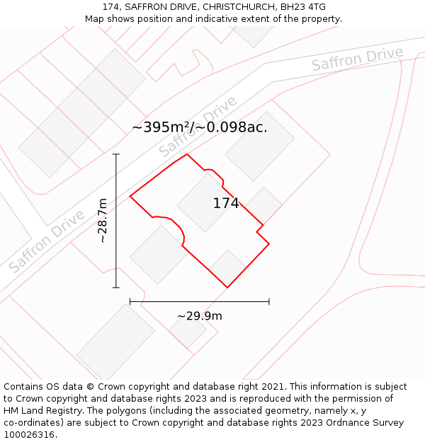 174, SAFFRON DRIVE, CHRISTCHURCH, BH23 4TG: Plot and title map