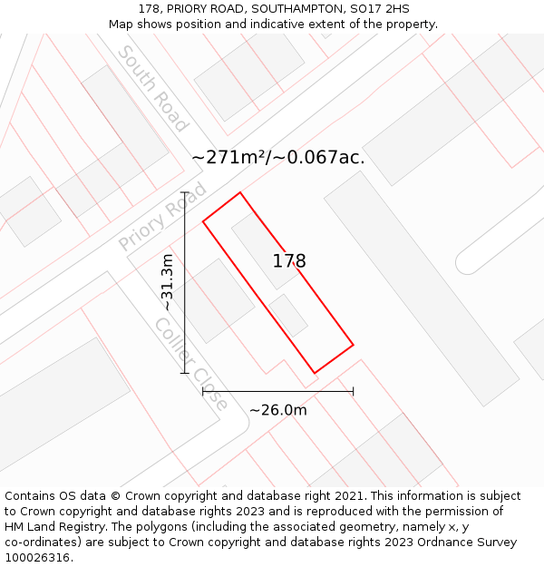 178, PRIORY ROAD, SOUTHAMPTON, SO17 2HS: Plot and title map