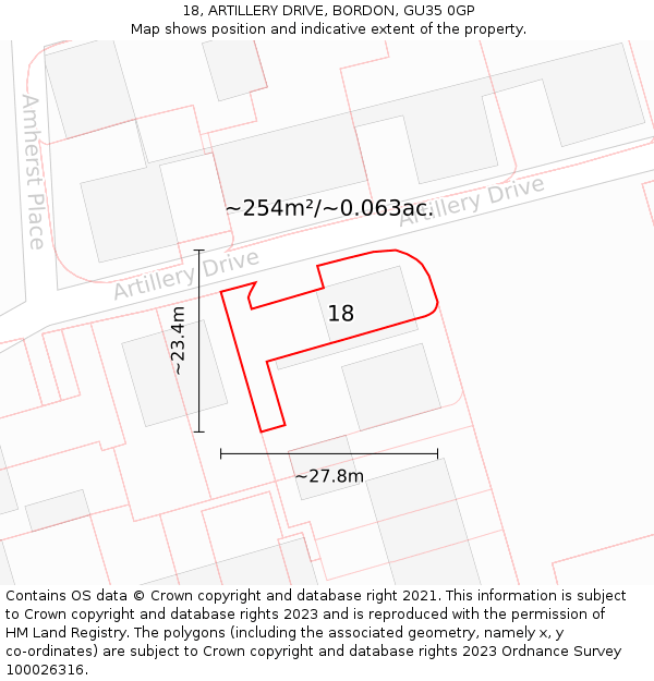 18, ARTILLERY DRIVE, BORDON, GU35 0GP: Plot and title map