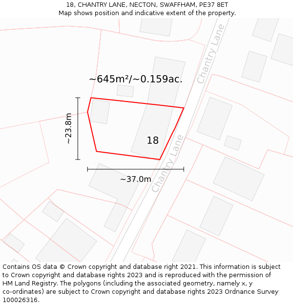 18, CHANTRY LANE, NECTON, SWAFFHAM, PE37 8ET: Plot and title map