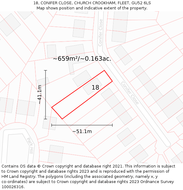 18, CONIFER CLOSE, CHURCH CROOKHAM, FLEET, GU52 6LS: Plot and title map