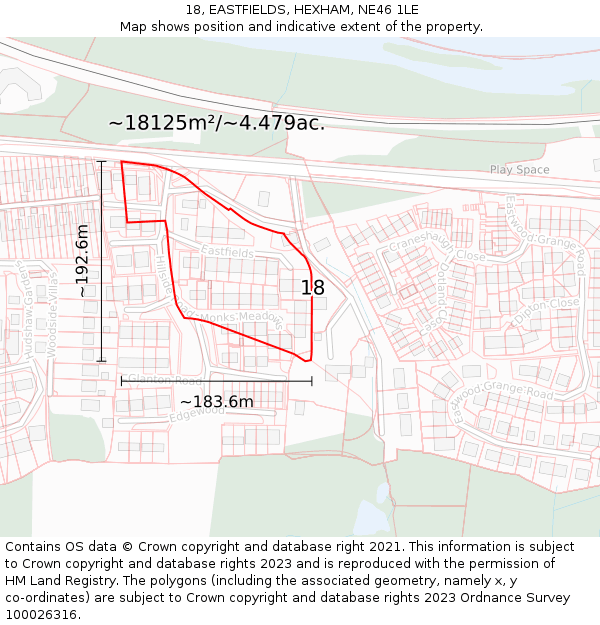 18, EASTFIELDS, HEXHAM, NE46 1LE: Plot and title map