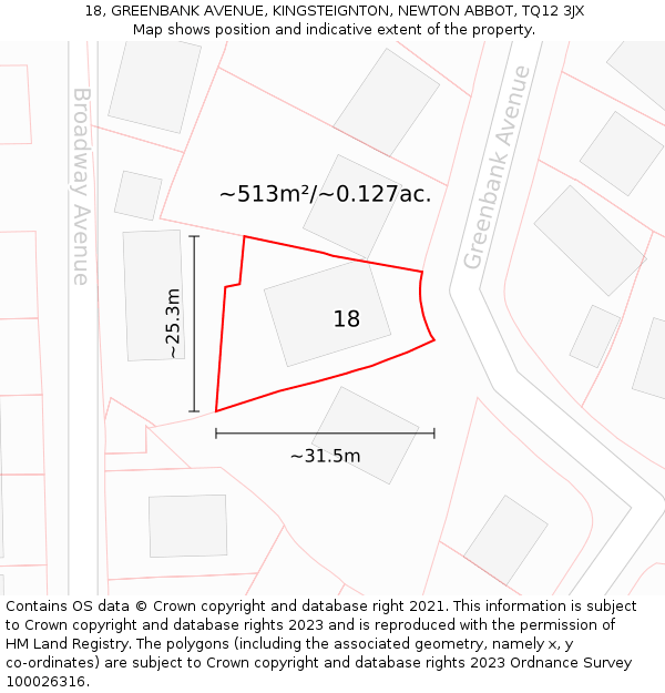 18, GREENBANK AVENUE, KINGSTEIGNTON, NEWTON ABBOT, TQ12 3JX: Plot and title map