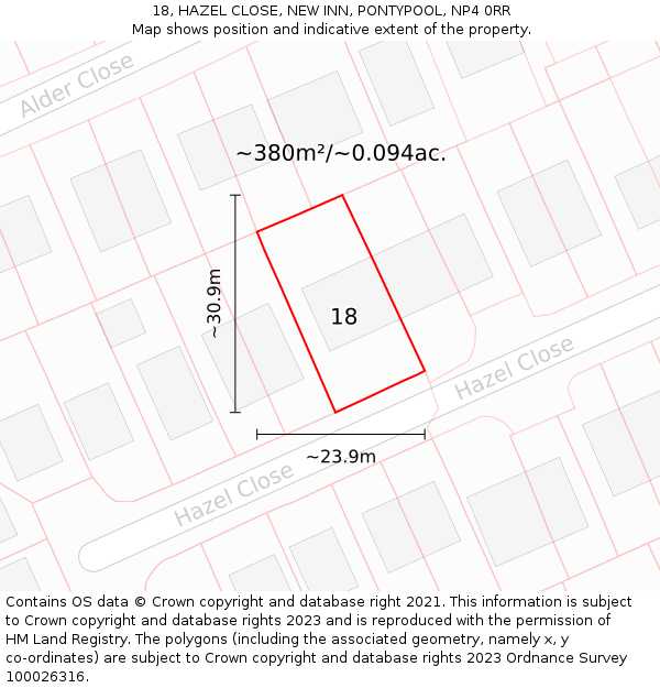 18, HAZEL CLOSE, NEW INN, PONTYPOOL, NP4 0RR: Plot and title map