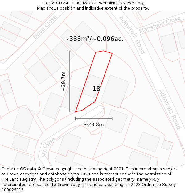 18, JAY CLOSE, BIRCHWOOD, WARRINGTON, WA3 6QJ: Plot and title map