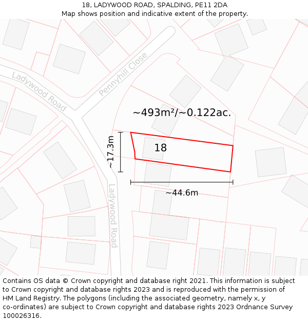 18, LADYWOOD ROAD, SPALDING, PE11 2DA: Plot and title map