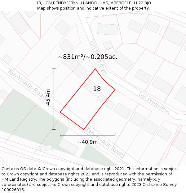 18, LON PENDYFFRYN, LLANDDULAS, ABERGELE, LL22 8JQ: Plot and title map