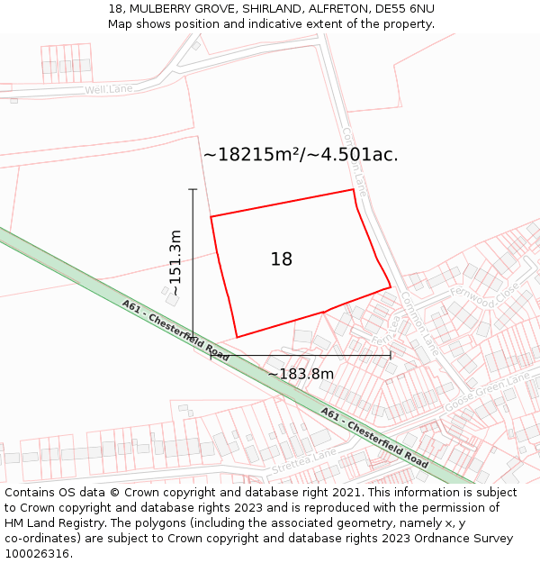 18, MULBERRY GROVE, SHIRLAND, ALFRETON, DE55 6NU: Plot and title map