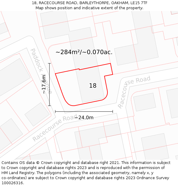 18, RACECOURSE ROAD, BARLEYTHORPE, OAKHAM, LE15 7TF: Plot and title map