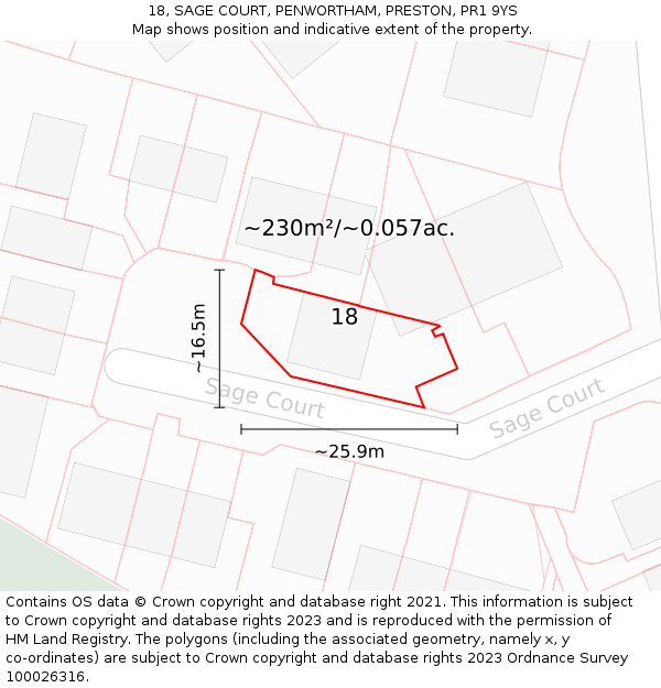 18, SAGE COURT, PENWORTHAM, PRESTON, PR1 9YS: Plot and title map