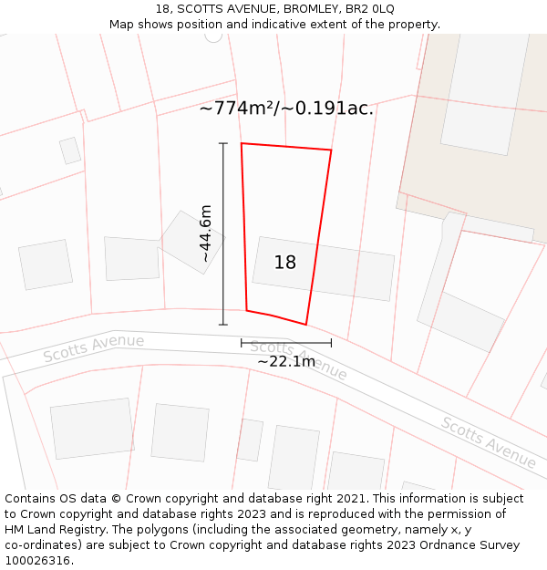 18, SCOTTS AVENUE, BROMLEY, BR2 0LQ: Plot and title map