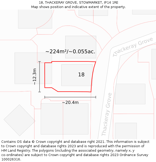 18, THACKERAY GROVE, STOWMARKET, IP14 1RE: Plot and title map