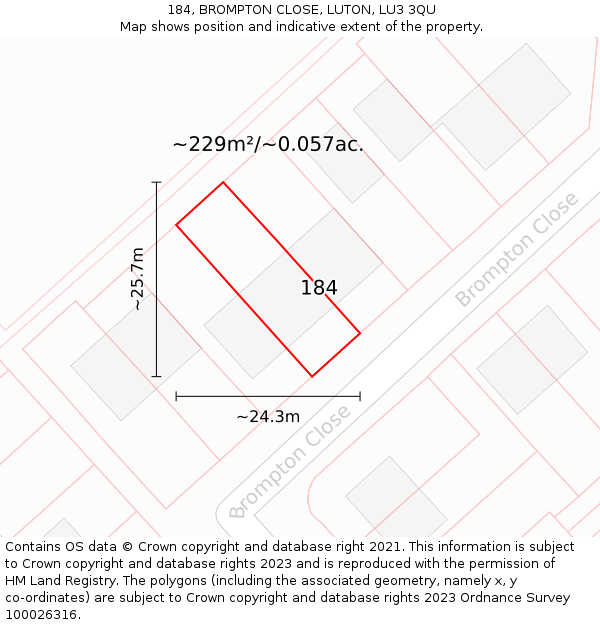 184, BROMPTON CLOSE, LUTON, LU3 3QU: Plot and title map