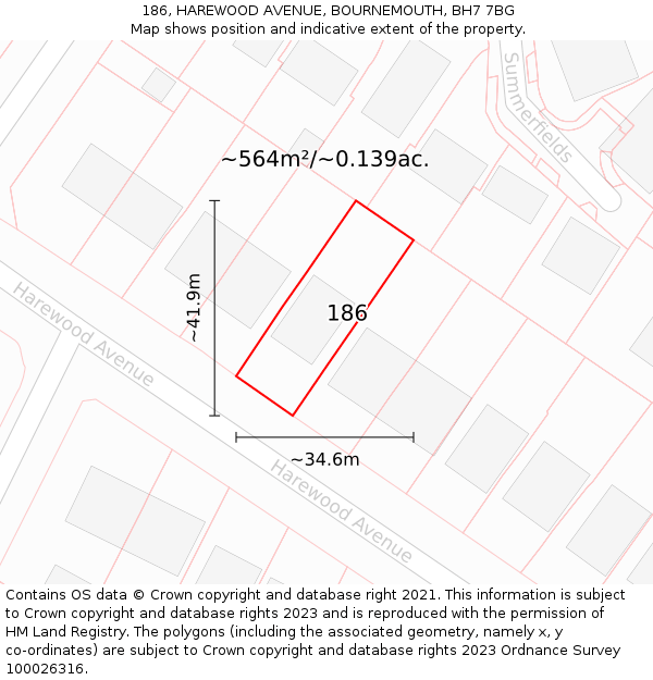 186, HAREWOOD AVENUE, BOURNEMOUTH, BH7 7BG: Plot and title map