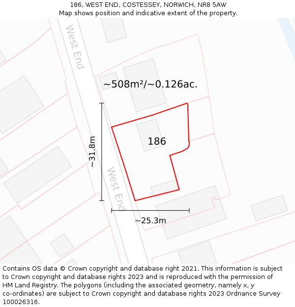 186, WEST END, COSTESSEY, NORWICH, NR8 5AW: Plot and title map