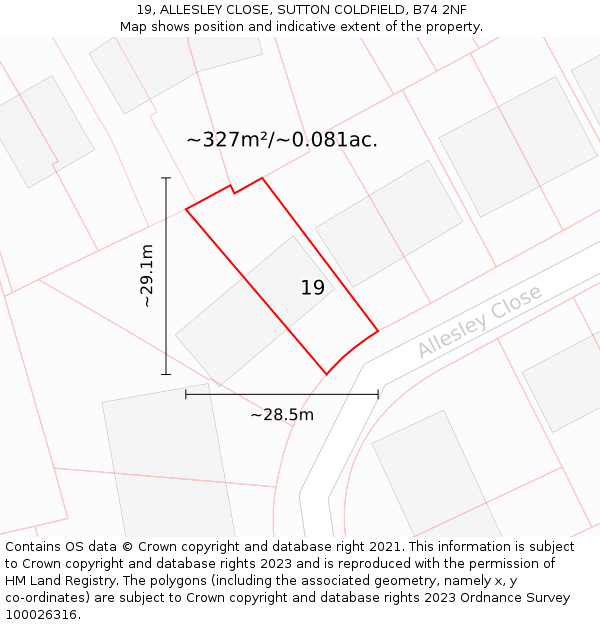 19, ALLESLEY CLOSE, SUTTON COLDFIELD, B74 2NF: Plot and title map