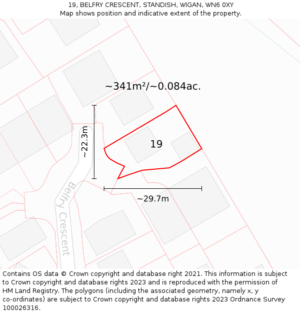 19, BELFRY CRESCENT, STANDISH, WIGAN, WN6 0XY: Plot and title map