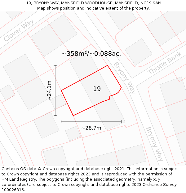 19, BRYONY WAY, MANSFIELD WOODHOUSE, MANSFIELD, NG19 9AN: Plot and title map