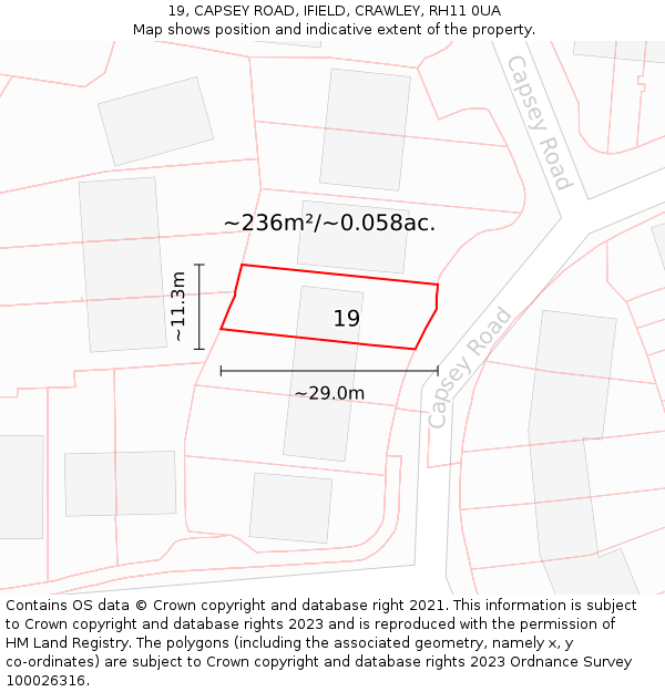 19, CAPSEY ROAD, IFIELD, CRAWLEY, RH11 0UA: Plot and title map