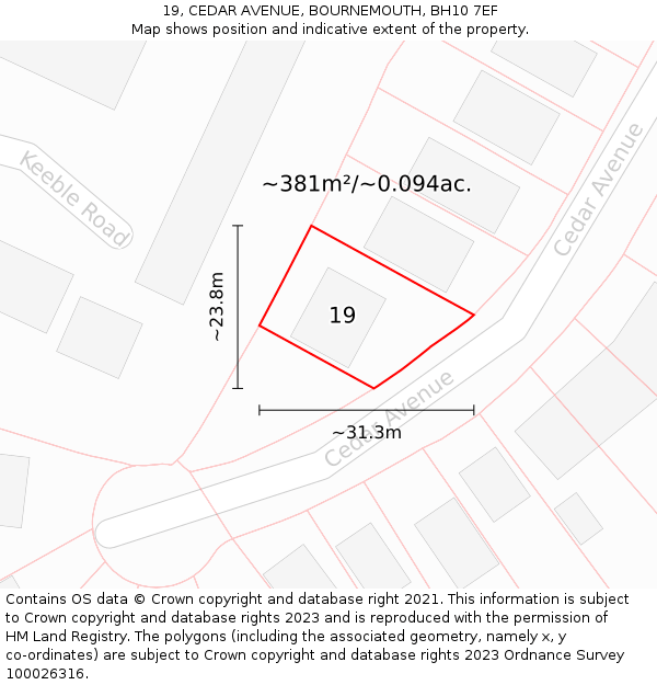 19, CEDAR AVENUE, BOURNEMOUTH, BH10 7EF: Plot and title map