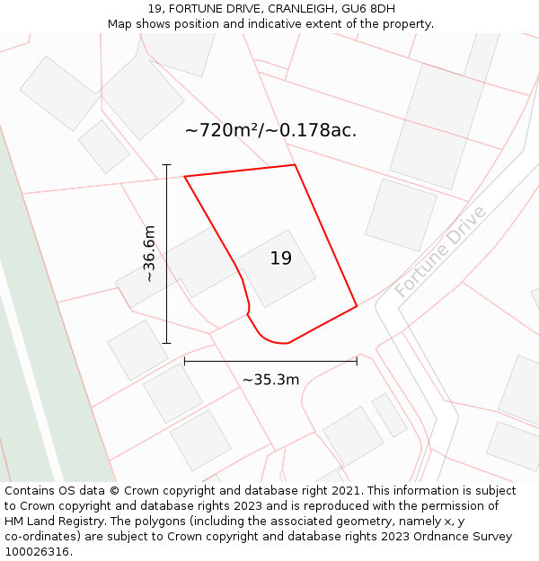 19, FORTUNE DRIVE, CRANLEIGH, GU6 8DH: Plot and title map