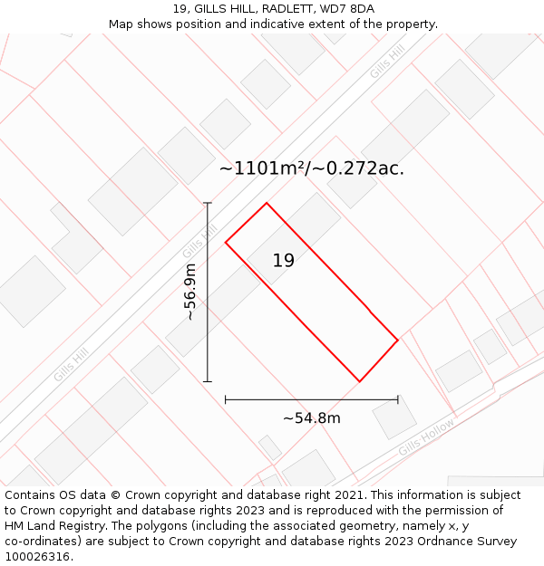 19, GILLS HILL, RADLETT, WD7 8DA: Plot and title map