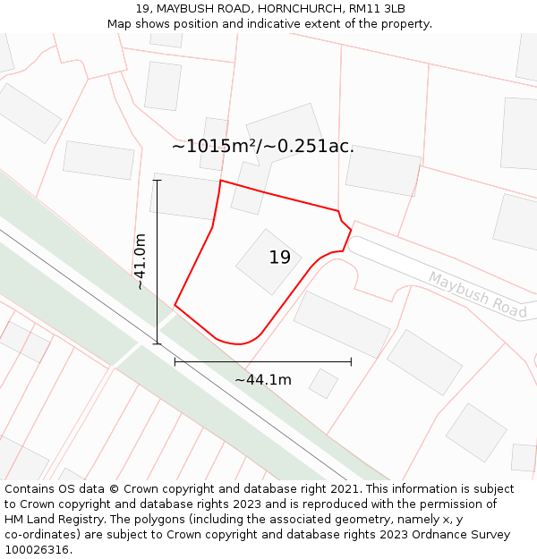 19, MAYBUSH ROAD, HORNCHURCH, RM11 3LB: Plot and title map