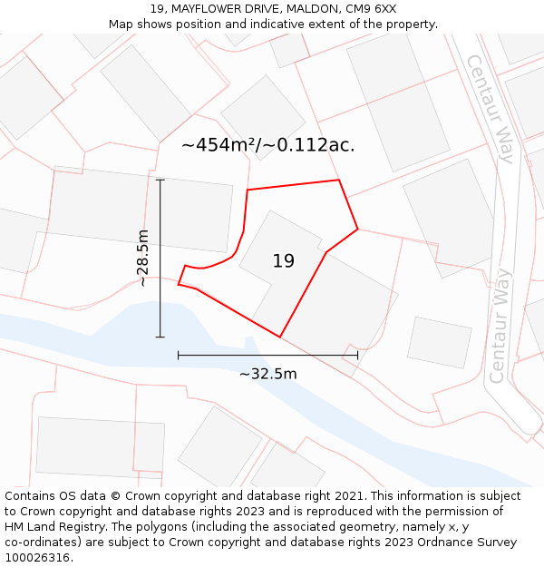 19, MAYFLOWER DRIVE, MALDON, CM9 6XX: Plot and title map