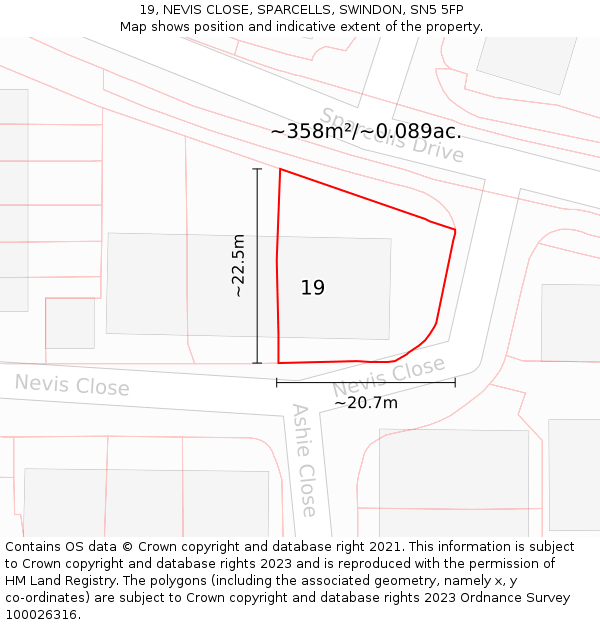 19, NEVIS CLOSE, SPARCELLS, SWINDON, SN5 5FP: Plot and title map