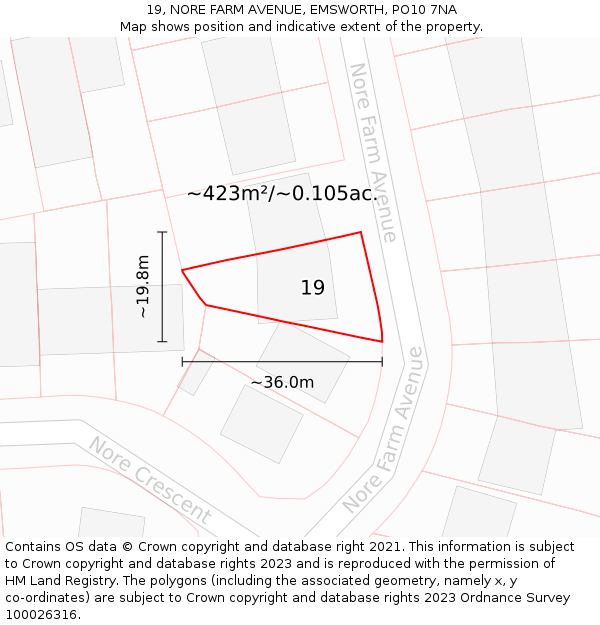 19, NORE FARM AVENUE, EMSWORTH, PO10 7NA: Plot and title map