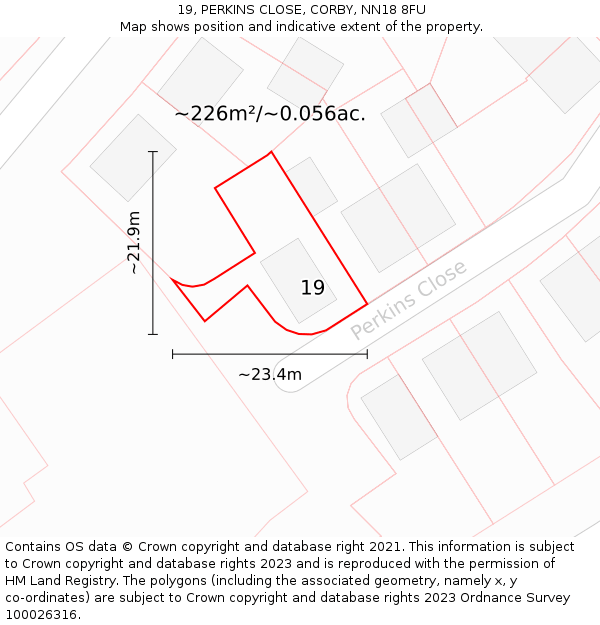 19, PERKINS CLOSE, CORBY, NN18 8FU: Plot and title map